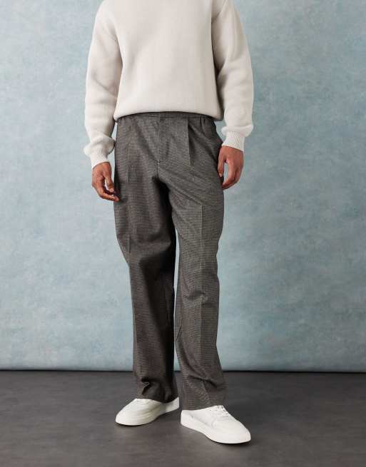 ASOS DESIGN smart wide leg pants with front pleat in brown puppytooth with elasticated waist, 2 of 5