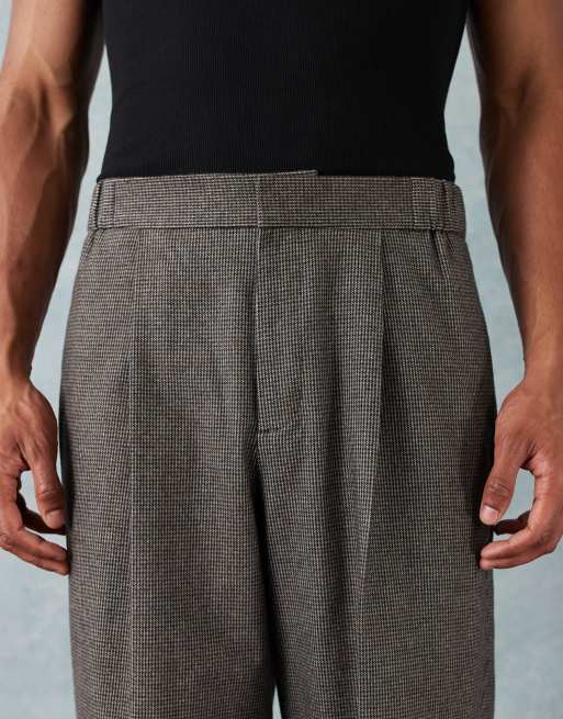 ASOS DESIGN smart wide leg pants with front pleat in brown puppytooth with elasticated waist, 5 of 5