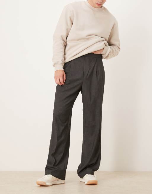 ASOS DESIGN smart wide leg pants with front pleat in charcoal pinstripe with elasticated waist