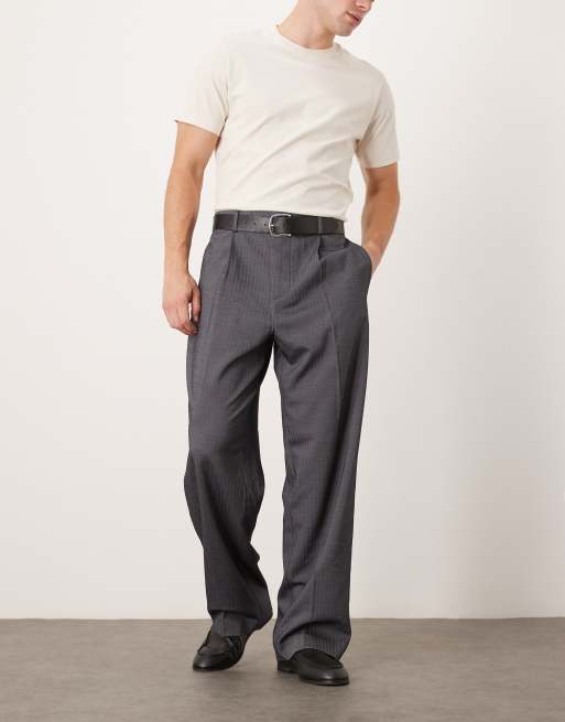 ASOS DESIGN wide leg dress pants with double pleats in gray herringbone with elastic waist