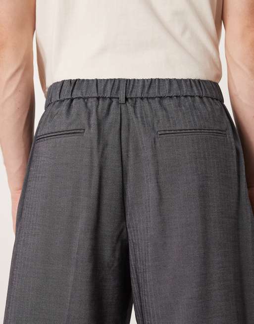 ASOS DESIGN wide leg dress pants with double pleats in gray herringbone with elastic waist