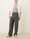 [ASOS DESIGN] ASOS DESIGN smart wide leg pants with front pleat in grey herringbone with elasticated waist M GREY