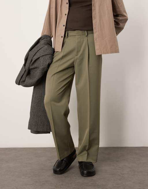 ASOS DESIGN smart wide leg pants with front pleat in sage green