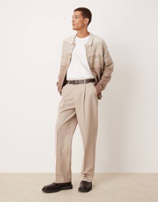 smart wide leg pants with front pleat in stone-Neutral