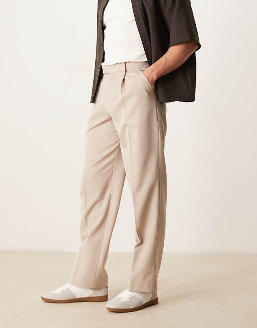 ASOS DESIGN smart wide leg pants with front pleat in stone ASOS DESIGN smart wide leg pants with front pleat in stone
