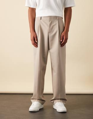 smart wide leg pants with front pleat in stone-Neutral
