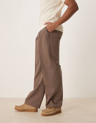 Asos Design Smart Wide Leg Pants With Front Pleats In Brown