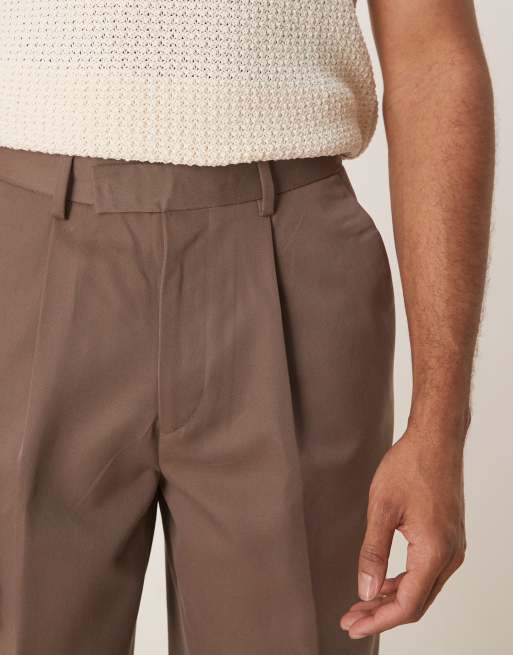 ASOS DESIGN smart wide leg pants with front pleats in brown