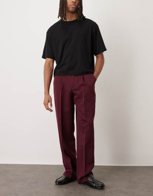 ASOS DESIGN smart wide leg pants with front pleats in burgundy