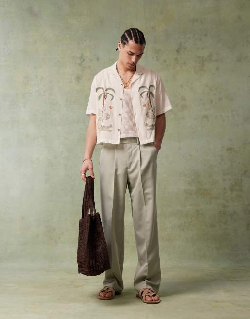 ASOS DESIGN smart wide leg pants with front pleats in muted green, 2 of 5