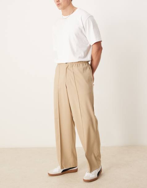 ASOS DESIGN smart wide leg pants with pintucks in stone with half elastic waist - view 1
