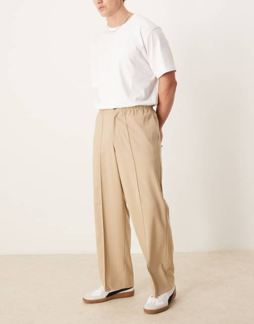 ASOS DESIGN smart wide leg pants with pintucks in stone with half elastic waist