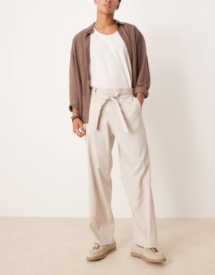 ASOS DESIGN smart wide leg pants with self belt in stone linen