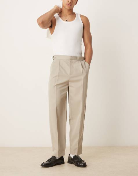 ASOS DESIGN smart wide leg pants with side adjusters in stone with front pleat - view 1