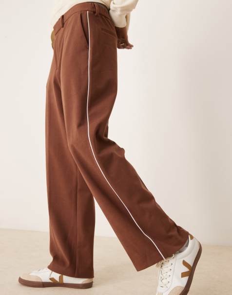 ASOS DESIGN smart wide leg pants with side piping in brown - view 1