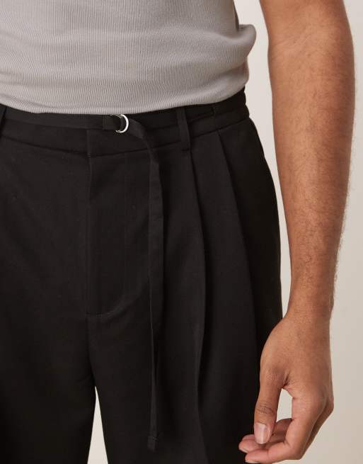 ASOS DESIGN smart wide leg pants with thin belt and double pleats in black with elastic waist