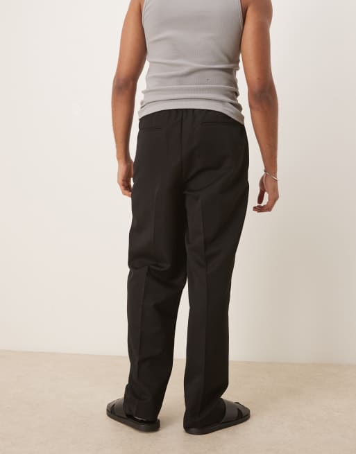 ASOS DESIGN smart wide leg pants with thin belt and double pleats in black with elastic waist