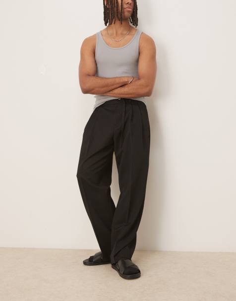 ASOS DESIGN smart wide leg pants with thin belt and double pleats in black with elasticated waist - view 1