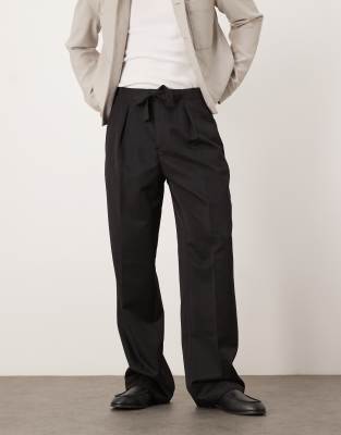 Asos Design Smart Wide Leg Pants With Tie Belt And Front Pleat In Black