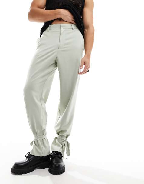 ASOS DESIGN smart wide leg pants with tie cuffs in sage green - view 1