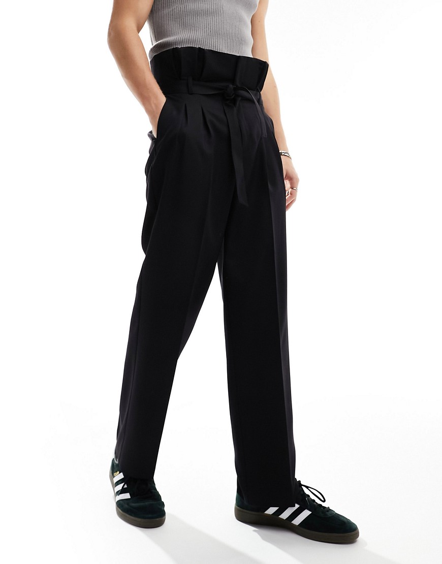 ASOS DESIGN smart wide leg paperbag trousers in black