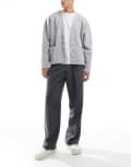 [ASOS DESIGN] ASOS DESIGN smart wide leg pleated pants in charcoal with wool herringbone-Grey W34 L32 CHARCOAL
