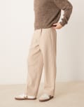[ASOS DESIGN] ASOS DESIGN smart wide leg pleated pants in stone with wool herringbone-Neutral W32 L30 STONE