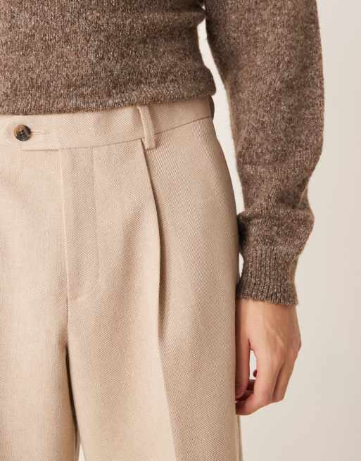 ASOS DESIGN wool mix wide leg dress pants with front pleats in stone herringbone