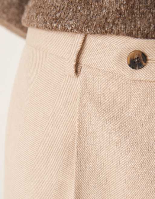 ASOS DESIGN wool mix wide leg dress pants with front pleats in stone herringbone