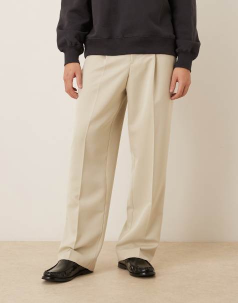 ASOS DESIGN smart wide leg pleated trouser with exposed button in ecru - view 1