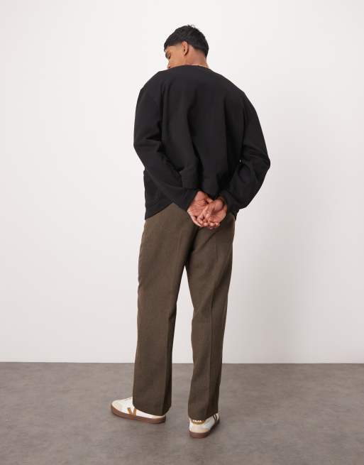 ASOS DESIGN smart wide leg pleated wool mix pants in brown herringbone