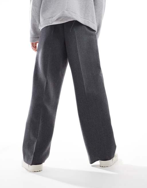 ASOS DESIGN smart wide leg pleated wool mix trousers in charcoal herringbone