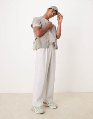 asos ASOS DESIGN smart wide leg pleated wool mix trousers in light grey herringbone