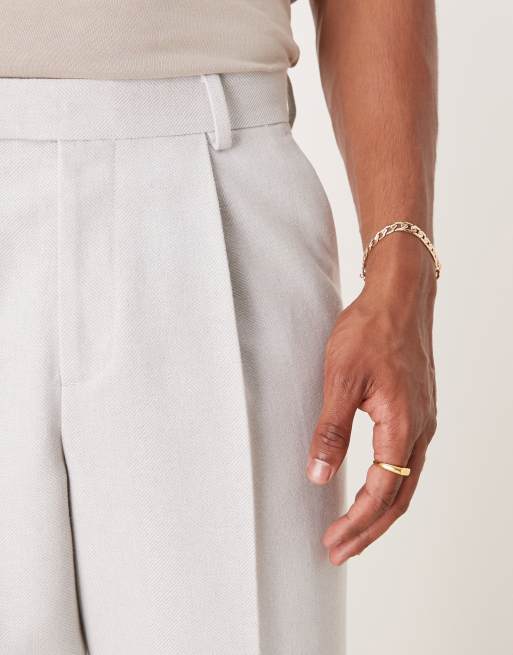ASOS DESIGN smart wide leg pleated wool mix trousers in light grey herringbone ASOS