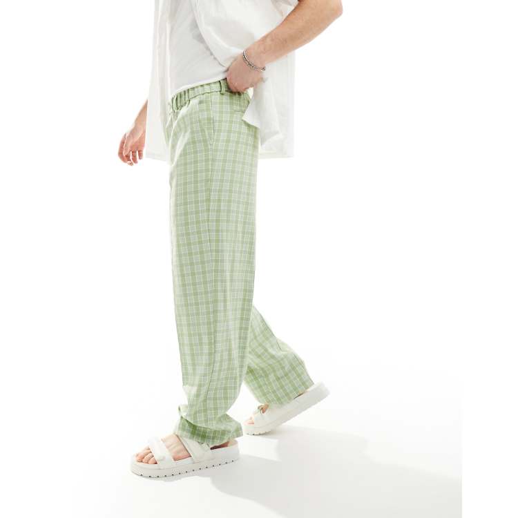 ASOS DESIGN smart wide leg pull on pants in green gingham