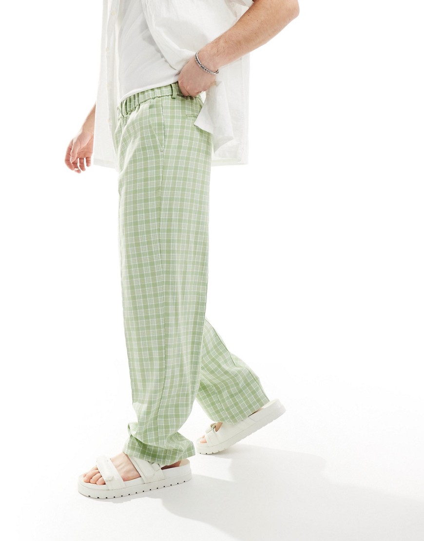 ASOS DESIGN smart wide leg pull on trousers in green gingham check