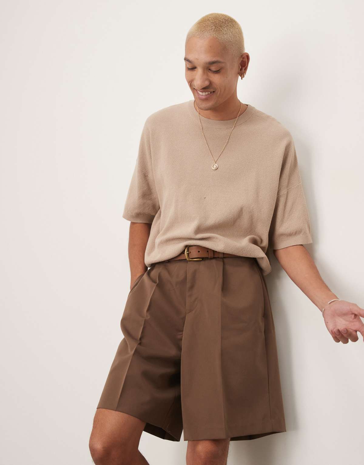 ASOS DESIGN smart wide leg shorts with front pleat in brown