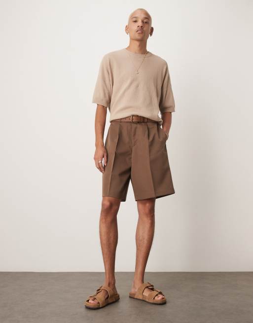 ASOS DESIGN smart wide leg shorts with front pleat in brown