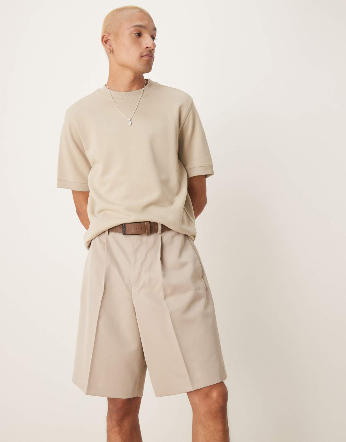 ASOS DESIGN smart wide leg shorts with front pleat in stone
