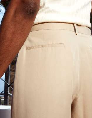 ASOS DESIGN smart wide leg soft pants with deep pleat in stone