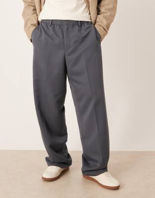 Asos Design Smart Wide Leg Wool Mix Pants In Charcoal Herringbone-gray