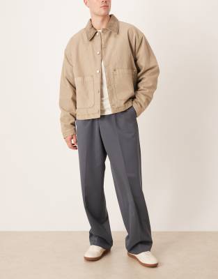 Asos Design Smart Wide Leg Wool Mix Pants In Charcoal Herringbone-gray In Gray