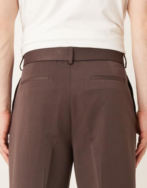 ASOS DESIGN smart wide leg trouser with belt in dark brown, 5 of 5