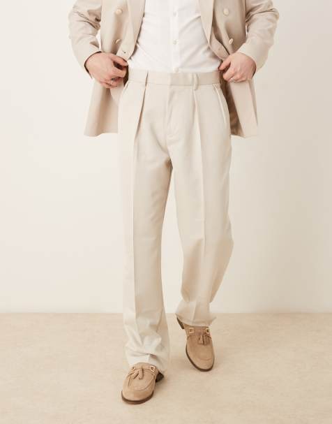 ASOS DESIGN smart wide leg trouser with double pleats in stone - view 1