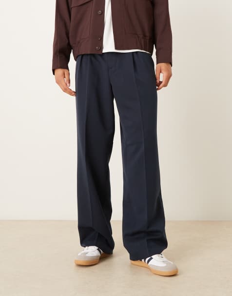ASOS DESIGN smart wide leg trouser with elasticated waistband and inverted pleat in navy