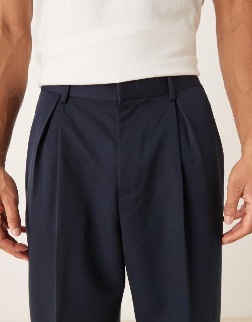 ASOS DESIGN smart wide leg trouser with elasticated waistband and inverted pleat in navy, 4 of 5