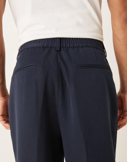 ASOS DESIGN smart wide leg trouser with elasticated waistband and inverted pleat in navy, 5 of 5