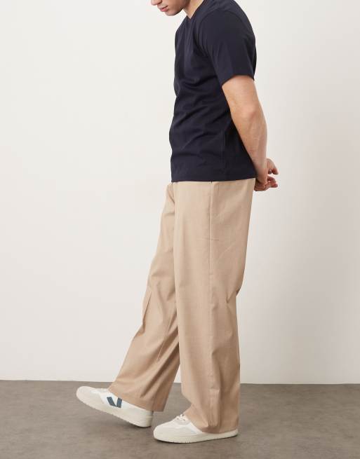 ASOS DESIGN smart wide leg trouser with elasticated waistband in stone microtexture, 3 of 5