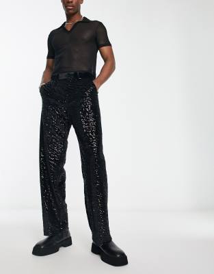 ASOS DESIGN smart wide leg trousers in black sequin