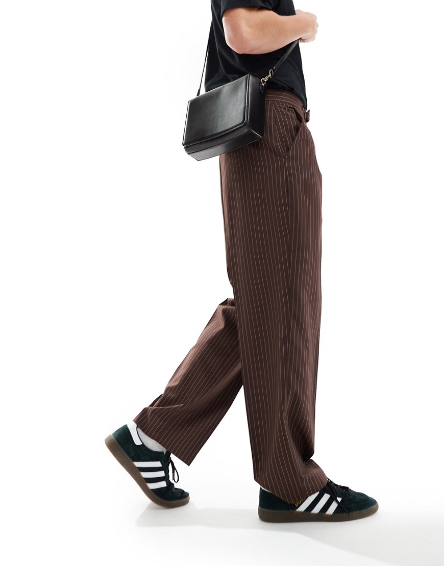 ASOS DESIGN smart wide leg trousers in chocolate brown pinstripe